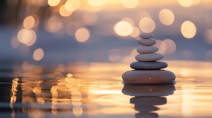 Obraz premium Calm and Peaceful Zen Stone Stacking on Water Surface with Golden Reflection : Generative AI