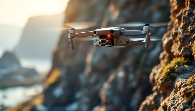 Drone in Flight: Coastal Sunset Aerial Photography