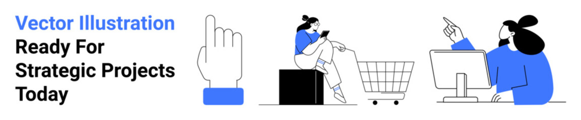 People collaborating at a desk and engaged in planning, shopping, and research. Ideal for teamwork, business strategy, e-commerce, marketing, productivity, planning flat landing page banner