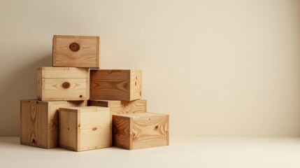 Fototapeta premium A Stack of Unfinished Wooden Boxes Against a Neutral Background Provides a Rustic, Minimalist Aesthetic for Product Displays or Design Composition