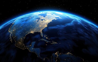 Fototapeta premium A breathtaking image showcasing Earth illuminated by city lights against a dark backdrop of space.