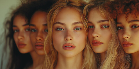 Obraz premium Diverse group of young women embracing their beauty urban studio portrait photography natural light close-up empowerment and identity