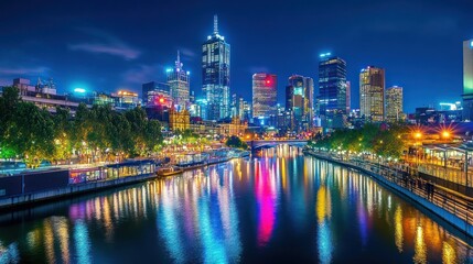 Fototapeta premium A vibrant city skyline reflecting in the river at night, showcasing urban beauty and lights.