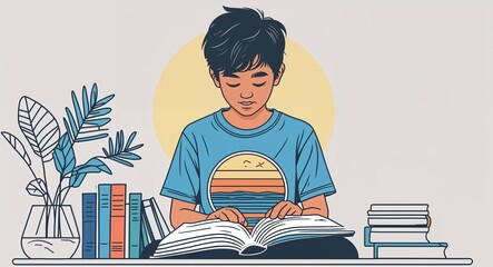 A teenage boy wearing a summer graphic tee reading a book near a bookshelf in a simple hand drawing flat line design
