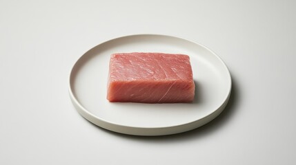 A fresh tuna fillet with smooth texture, displayed on a plain white plate against a neutral background with room for text or branding.
