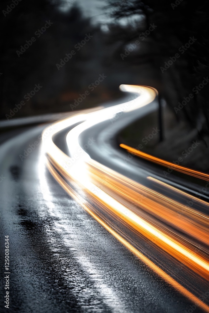 Leinwandbilder dynamic light trails on a wet road capturing the motion of nighttime travel : generative ai