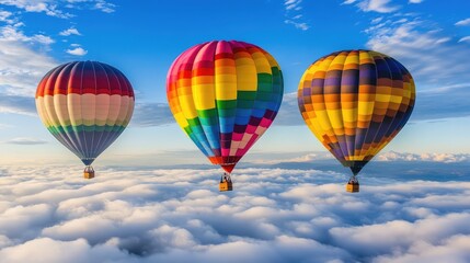 Fototapeta premium A group of rainbow-colored balloons floating freely, their bright hues contrasting beautifully with the soft white clouds and vast copy space.