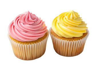 Two cupcakes with colorful icing on white table, bakery sweets, Cut Out