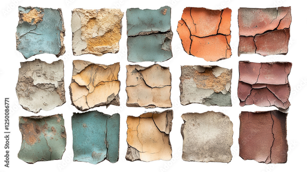 Poster a collection of weathered paint samples showcasing various colors, textures, and cracks. ideal for d