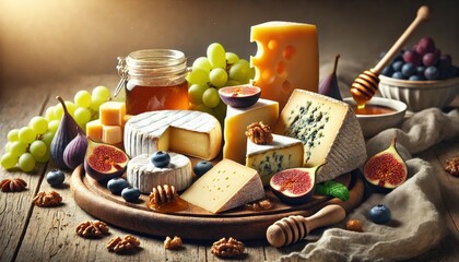Gourmet cheese board with fruits and honey. Selection of gourmet cheeses with honey, figs, grapes, and nuts on a rustic board.