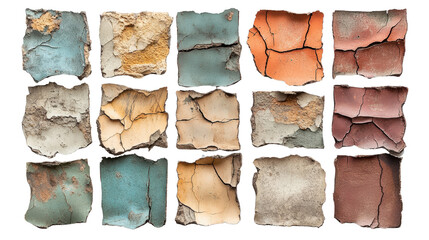 A collection of weathered paint samples showcasing various colors, textures, and cracks. Ideal for design projects or artistic inspiration.