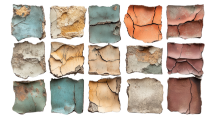 A collection of weathered paint samples showcasing various colors, textures, and cracks. Ideal for design projects or artistic inspiration.