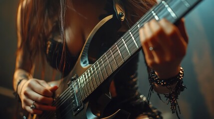 Obraz premium Close-up of a woman playing electric guitar.
