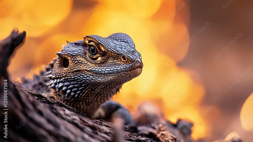 Poster Close-up of Bearded Dragon Reptile with Intricate Scales and Blurred Background : Generative AI