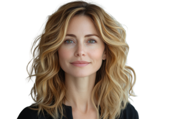 A confident woman with wavy blonde hair smiles warmly, showcasing her natural beauty and expressive eyes, perfect for lifestyle and beauty themes.