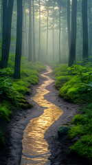Obraz premium Golden Stream Winding Through Misty Forest