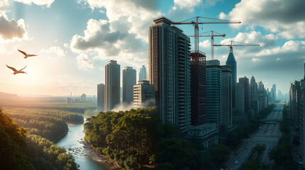 Fototapeta premium A serene sunrise casts warm light over skyscrapers under construction and a tranquil river, with birds soaring high in the sky, blending urban progress with natural beauty