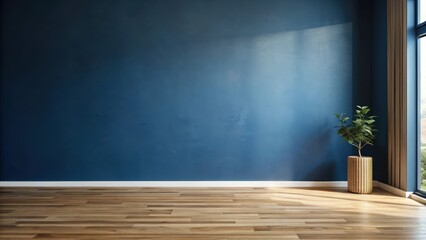 A dark blue wall dominates a minimalist room with an empty space, contrasting against a warm wooden floor that adds warmth and texture to the scene, wooden floor, ambiance