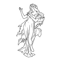 a black and white drawing of a greek goddess