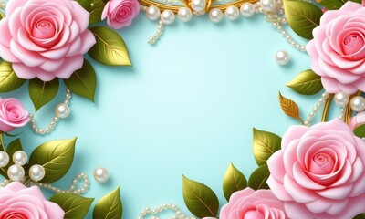 Elegant floral frame with pink roses, pearls, and green leaves on light blue background