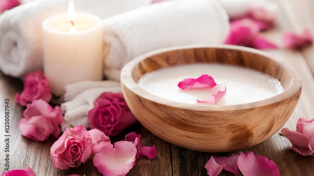 Poster spa setting with rose petals, candles, and a bowl of relaxing bath essentials for a tranquil experie