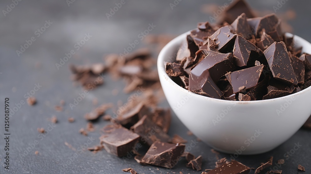 Poster delicious dark chocolate chunks piled in a bowl ready for baking or snacking : generative ai
