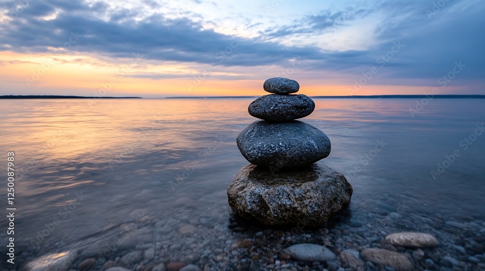 Poster serene sunset over calm waters with stacked rocks symbolizing balance and tranquility : generative a