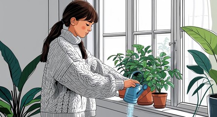A teenage girl wearing an oversized wool sweater watering indoor plants near a window in a simple hand drawing flat line design