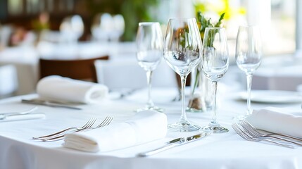 Fototapeta premium Elegant Restaurant Table Setup with Crystal Glassware and Chic Table Decor : Generative AI