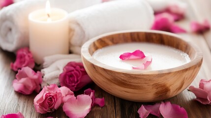 Spa setting with rose petals, candles, and a bowl of relaxing bath essentials for a tranquil experience : Generative AI