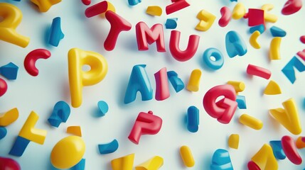 Fototapeta premium A playful composition of letter balloons bouncing on a white surface, minimalist copy space for text placement.