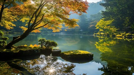 Obraz premium Stunning Autumn Landscape with Colorful Trees Reflected in Tranquil Lake : Generative AI