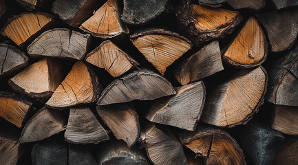 Close-up view of neatly stacked firewood logs creating a textured background pattern