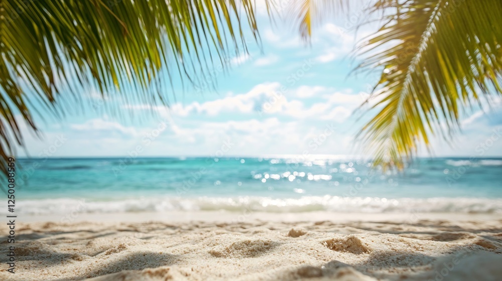 Aufkleber tranquil beach scene with palm leaves and sparkling blue ocean in the background : generative ai