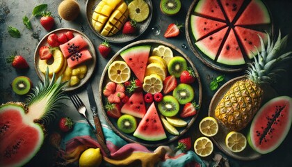 Fototapeta premium Colorful composition of tropical fruits like watermelon, kiwi, pineapple, and mango arranged on plates over a rustic table.