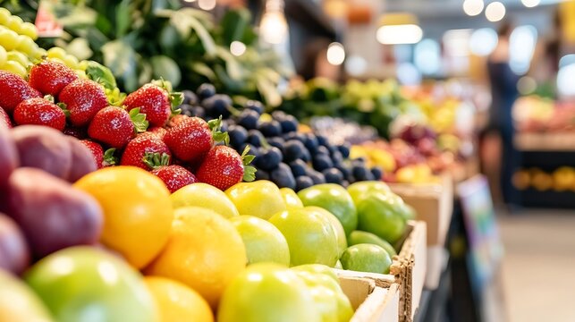 Colorful Fresh Fruits Arranged Beautifully at a Market Stall : Generative AI