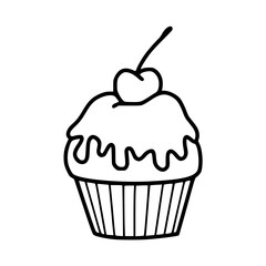 a black and white drawing of a cupcake icon with cherry