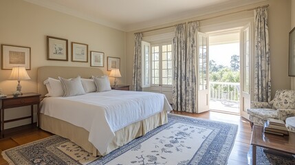 A serene American bed with a simple yet elegant design, soft linens, and a calm, bright bedroom with ample room for design elements.