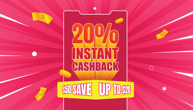 Instant cashback offer banner. Cashback isolated vector. Online shopping partner program. comic background Flying Voucher and voucher coin Money economy service. Vector illustration.