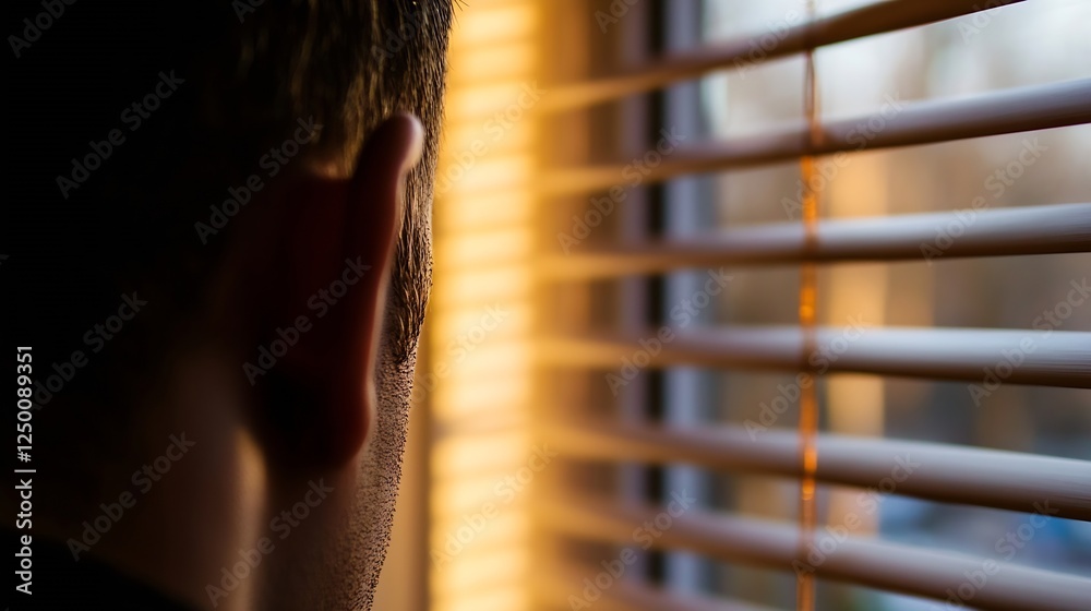 Aufkleber Person gazing out window with blinds creating warm light pattern on face and back profile in evening light : Generative AI
