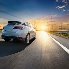 electricity, the car is at high speed on a highway 