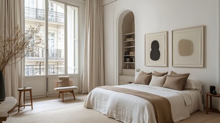 Fototapeta premium A serene European bed with cozy linens, a neutral palette, and a minimalistic design, placed in a spacious, bright room filled with light.