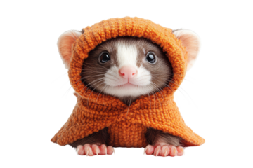 A cute ferret wearing an orange knitted hoodie, displaying an adorable expression. Ideal for animal lovers and fun lifestyle content.