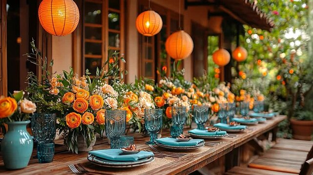 Outdoor wedding reception table, floral decor, lanterns, garden
