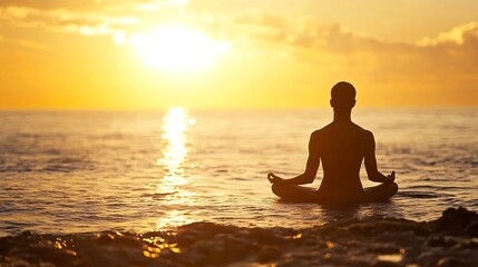 Fototapeta premium Serene sunset meditation on calm ocean waters for wellness and relaxation : Generative AI