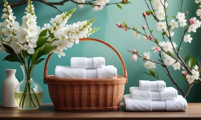 Elegant spa setup with wicker basket, white towels, and blooming flowers on green background