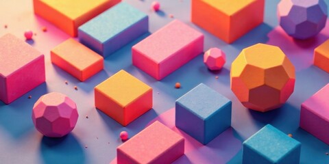 Obraz premium Abstract Colorful Geometric Shapes Composition Featuring Cubes and Polyhedrons on a Vibrant Background