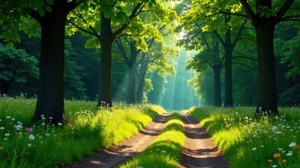 Fototapeta premium Serene Woodland Path Illuminated by Sunbeams, Lush Green Meadow, Vibrant Wildflowers, Tranquil Nature Scene