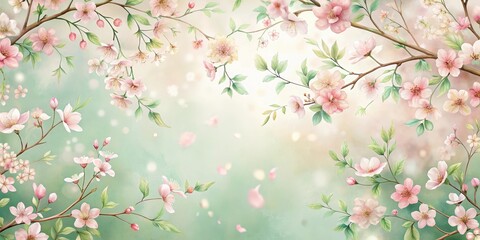 Fototapeta premium Pastel-colored floral wallpaper with delicate cherry blossoms and greenery