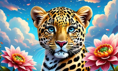 Vibrant leopard portrait with colorful flowers and bright sky background